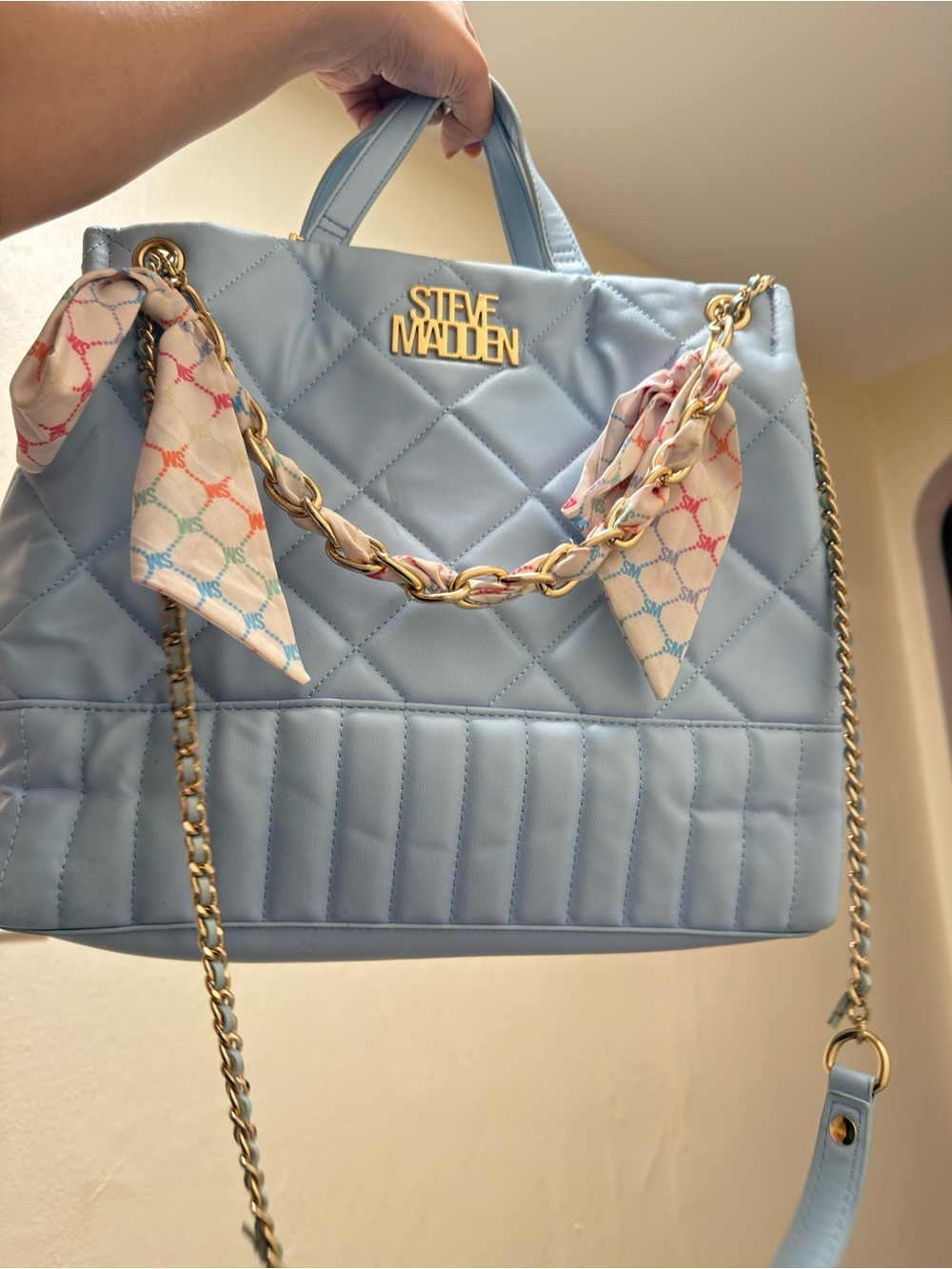 Steve Madden Quilted Tote with Gold Chain and Pastel Scarf Accents - Light Blue